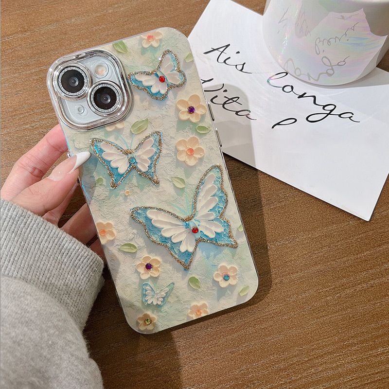 🌼Telefoonhoesje voor iPhone met Olieverf Bloem en Vlinder