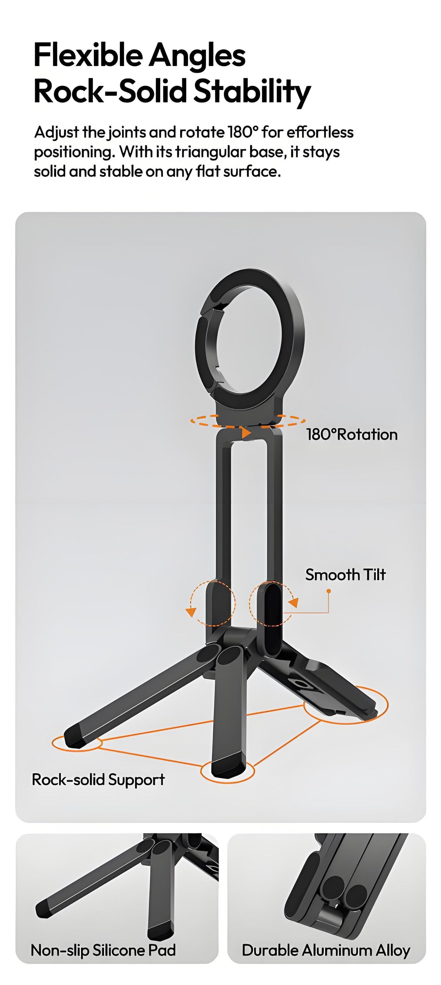 Magnetisch telefoonstatief voor iPhone, MA38 Draagbare telefoonhouder Mini-statief voor Magsafe met dubbelzijdige sterke magneet 1/4'' Arri-positioneringsgat Opvouwbare haak