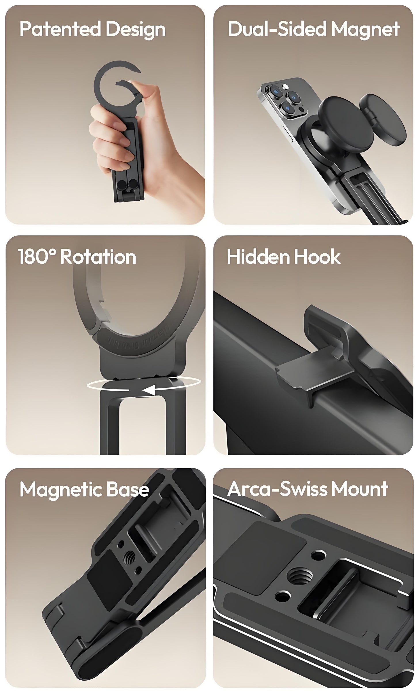 Magnetisch telefoonstatief voor iPhone, MA38 Draagbare telefoonhouder Mini-statief voor Magsafe met dubbelzijdige sterke magneet 1/4'' Arri-positioneringsgat Opvouwbare haak