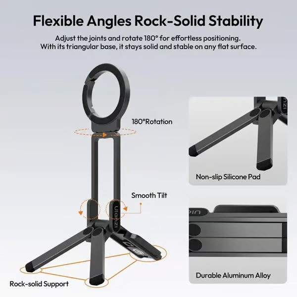 Magnetisch telefoonstatief voor iPhone, MA38 Draagbare telefoonhouder Mini-statief voor Magsafe met dubbelzijdige sterke magneet 1/4'' Arri-positioneringsgat Opvouwbare haak