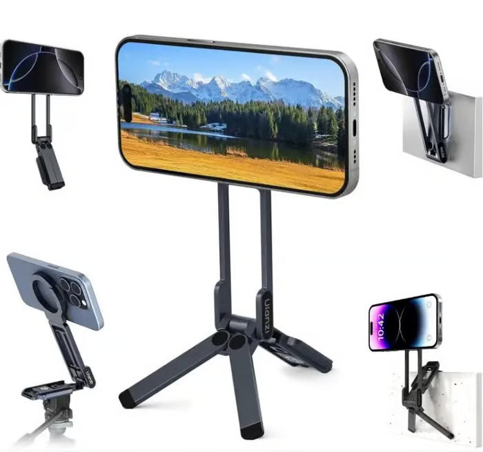 Magnetisch telefoonstatief voor iPhone, MA38 Draagbare telefoonhouder Mini-statief voor Magsafe met dubbelzijdige sterke magneet 1/4'' Arri-positioneringsgat Opvouwbare haak