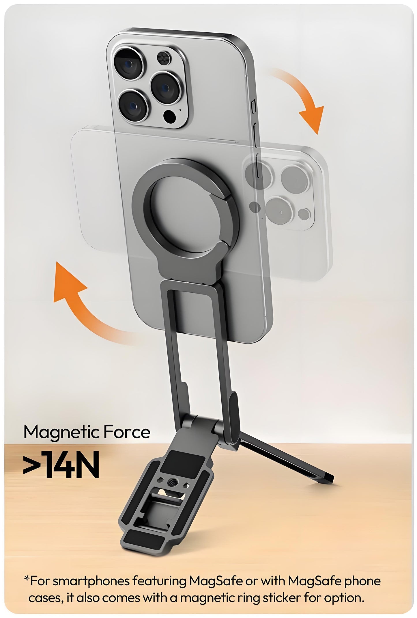 Magnetisch telefoonstatief voor iPhone, MA38 Draagbare telefoonhouder Mini-statief voor Magsafe met dubbelzijdige sterke magneet 1/4'' Arri-positioneringsgat Opvouwbare haak