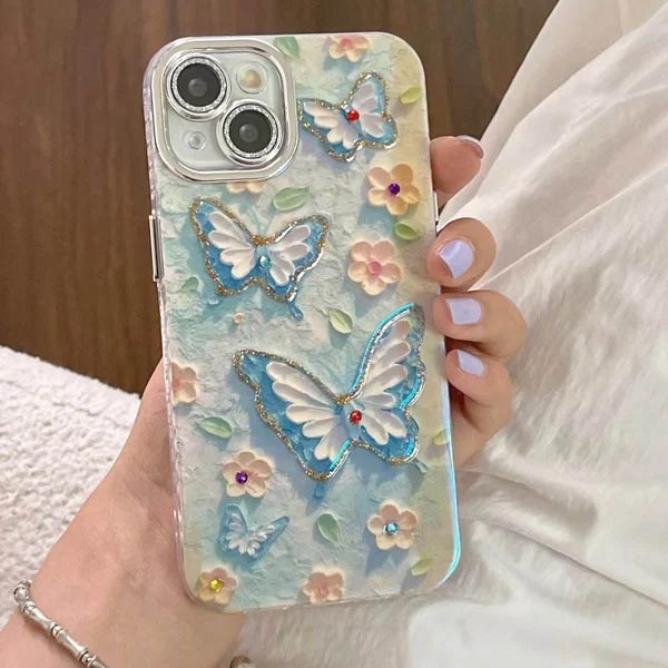 🌼Telefoonhoesje voor iPhone met Olieverf Bloem en Vlinder