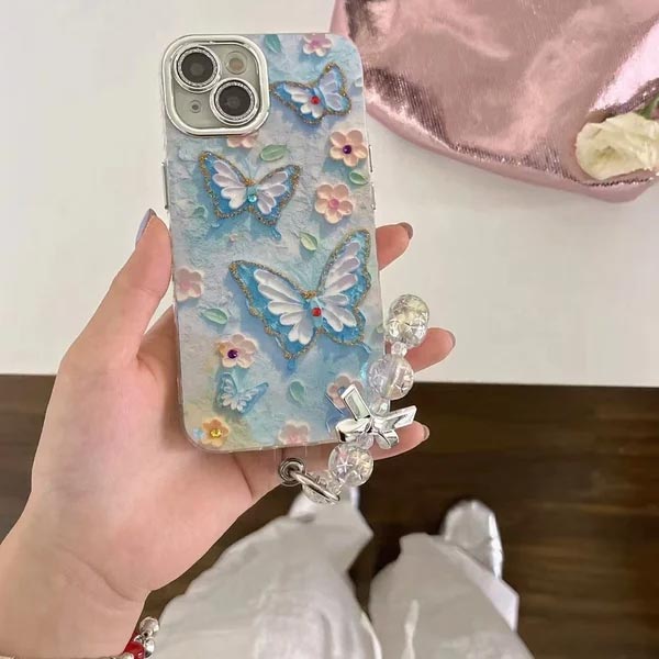 🌼Telefoonhoesje voor iPhone met Olieverf Bloem en Vlinder