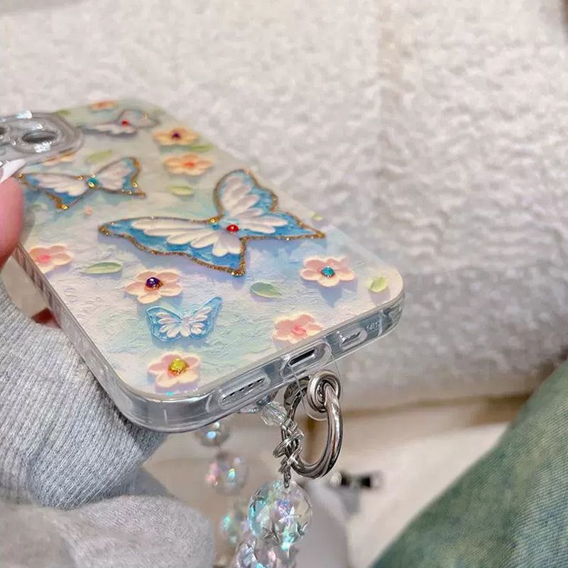 🌼Telefoonhoesje voor iPhone met Olieverf Bloem en Vlinder