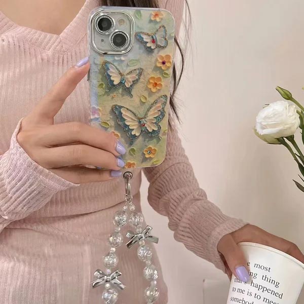 🌼Telefoonhoesje voor iPhone met Olieverf Bloem en Vlinder