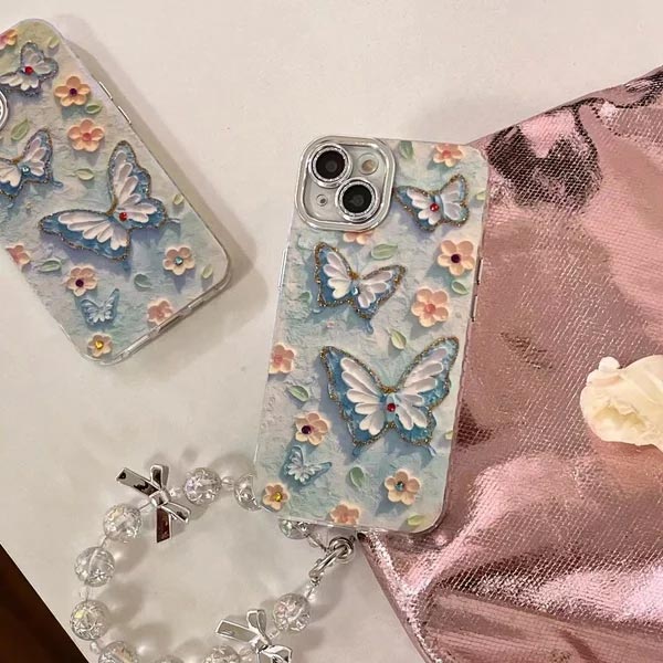 🌼Telefoonhoesje voor iPhone met Olieverf Bloem en Vlinder