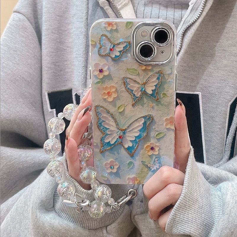 🌼Telefoonhoesje voor iPhone met Olieverf Bloem en Vlinder